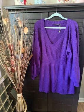 BloomChic Deep Purple V-Neck Textured Knit Tunic Sweater
